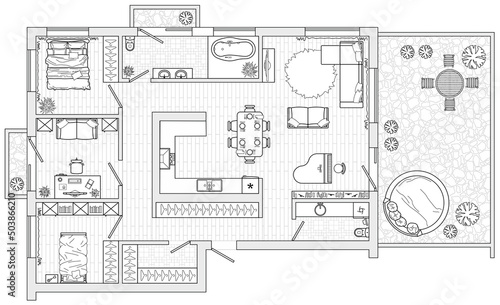 Planning of the apartment with arrangement furniture. Architectural drawing of the house (top view). Interior design floor plan from above. Vector layout