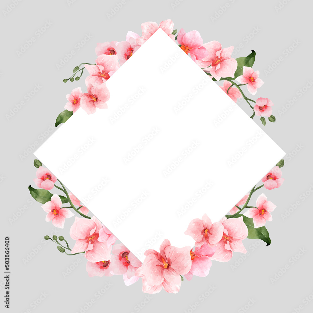 Pink Orchid Flowers watercolor border for wedding, greeting or invitation card isolated. Vintage flowers frame for summer or spring template. Vector illustration