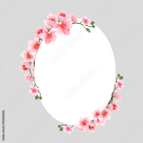 Pink Orchid Flowers watercolor border for wedding, greeting or invitation card isolated. Vintage flowers frame for summer or spring template. Vector illustration