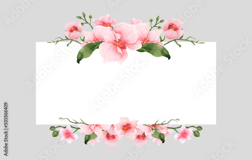 Pink Orchid Flowers watercolor border for wedding, greeting or invitation card isolated. Vintage flowers frame for summer or spring template. Vector illustration