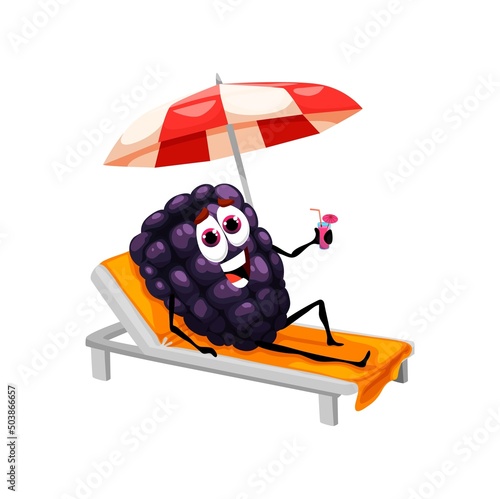 Cartoon blackberry character on beach lounger. Vector fresh bramble plant relax on tropical resort under umbrella with fresh cocktail in hand. Dewberry tanning and relax at pool, personage on vacation