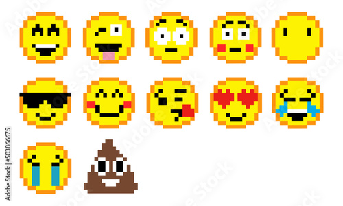 emoticon with various emotions cute faces, pixel art style icons set. colorful vector graphic illustrations isolated on white background.