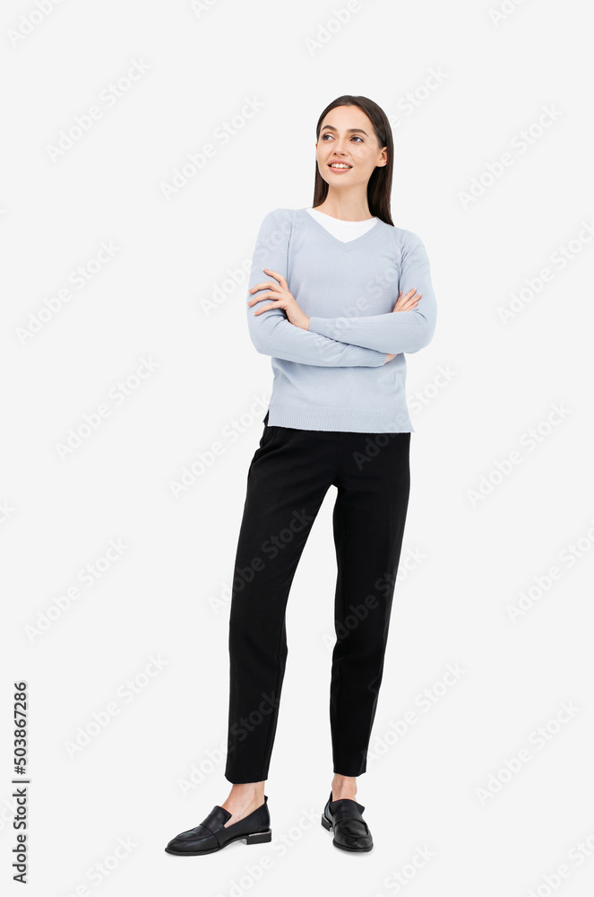 Full length studio portrait of beautiful smiling young woman isolated on white background, Happy smiling student girl standing indoor Full length studio portrait of beautiful smiling young woman isolated on white background, Happy smiling student girl standing indoor