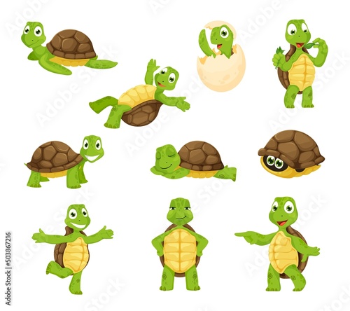 Cartoon turtle personage, cute tortoise animal characters. Funny little vector turtles smiling, sleep, hatch of an egg, walking and swim. Friendly aquatic and terrestrial reptilians, adorable reptiles