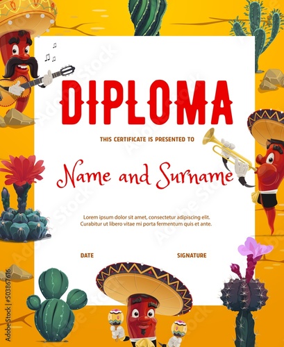 Kids diploma of best musician with mexican mariachi characters and cactuses in desert vector background frame. Education diploma or certificate, preschool or kindergarten musical competition award