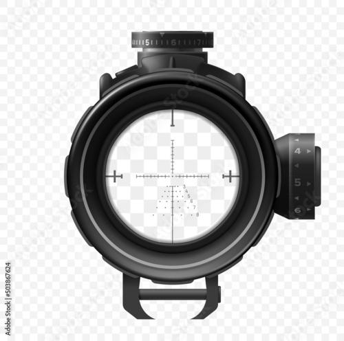 Sniper scope. Sight view target, isolated vector crosshair of gun. Realistic 3d weapon zoom, military optical focus, viewfinder device. Bullseye frame with cross aim on transparent background