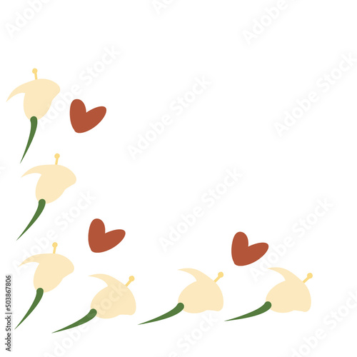 Corner frame of flowers and hearts in trendy shades in a minimalist cartoon style.