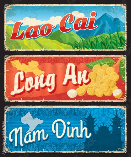 Lao Cai, Long An and Nam Dinh, Vietnamese provinces travel plates, vector stickers. Vietnam landmarks and tourism, regions and provinces welcome tin signs with city sightseeing, nature and maps