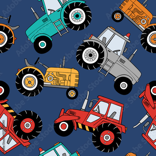 Hand drawn tractors seamless vector pattern. Perfect for textile, wallpaper or print design.