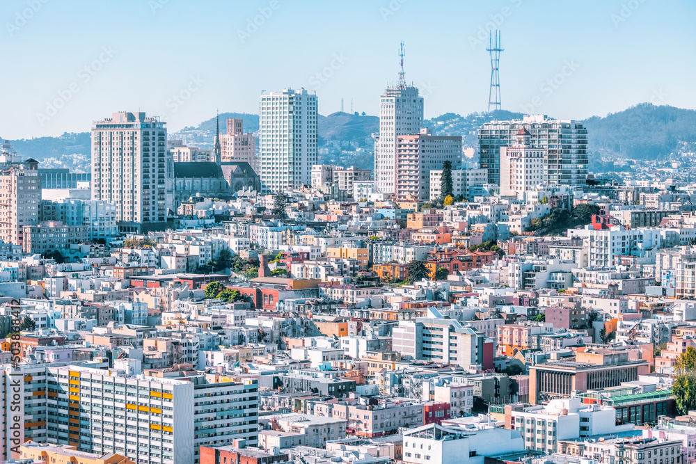 Fototapeta premium Beautiful aerial view from the Coit Tower, over the city of San Francisco. Photo processed in pastel colors