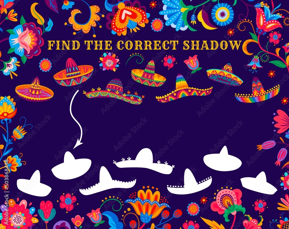 Find the correct shadow kids game worksheet with mexican sombrero hats. Kids puzzle, intelligence exercise with matching activity. Kindergarten children quiz vector worksheet with mexican motif Find the correct shadow kids game worksheet with mexican sombrero hats. Kids puzzle, intelligence exercise with matching activity. Kindergarten children quiz vector worksheet with mexican motif