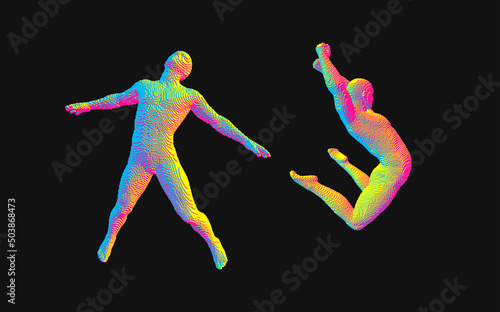 Jumping man constructing from cubes. Gymnastics activities for icon health and fitness community. Flying man in zero gravity or a fall. Hovering in the air. Levitation act. 3D vector illustration.