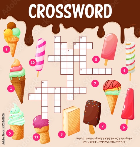 Cartoon ice cream desserts, crossword worksheet, find a word quiz game. Vector search word grid with gelato, bar, sandwich, popsicle, cone, stick, scoops and ice or sorbet, puzzle for kids