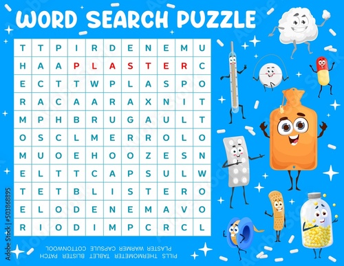 Cartoon hot water bottle, pills and tablets characters word search puzzle game vector worksheet. Kids quiz grid with cute medications, happy thermometer, plaster, capsule and cottonwool personages