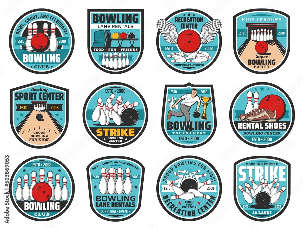 Bowling club vector icons. Skittles and ball on alley, sport and leisure game recreation center. Bowling lane and shoes rentals and kid league party service. Sports tournament isolated emblems set