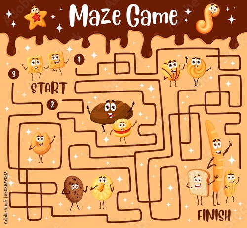 Labyrinth maze game of cartoon bakery and sweets characters. Vector pathfinding puzzle quiz with wheat baguette, toast and rye bread loaves, cereal bun, fortune cookie and chocolate oatmeal biscuits