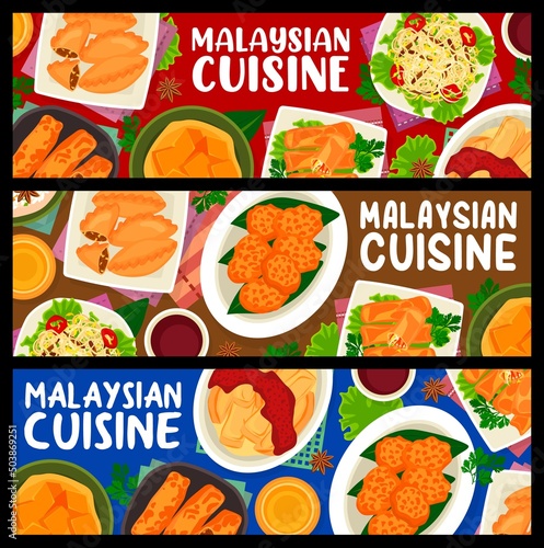 Malaysian cuisine meals banners vector tofu pudding and nasi lemak rice. Prawn noodle soup, braised bean curd with mushrooms and banana leaf rice with beef noodle soup tarditional Malaysia food dishes