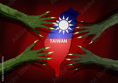 Vector political poster with witch scary green clawed hands over Taiwan map