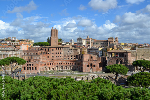 ROME, ITALY, panoramic cityscape with blue sky and clouds , Old roma buildings 