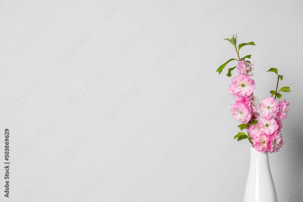 Ceramic vase with blooming branches near light wall, closeup