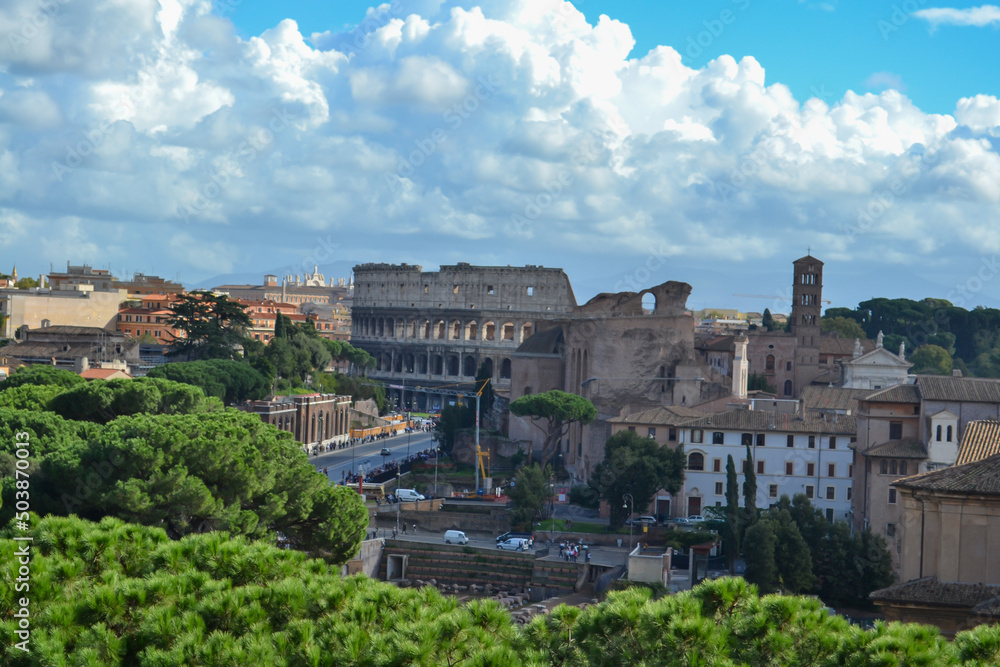ROME, ITALY  panoramic cityscape with blue sky and clouds , Old roma buildings 