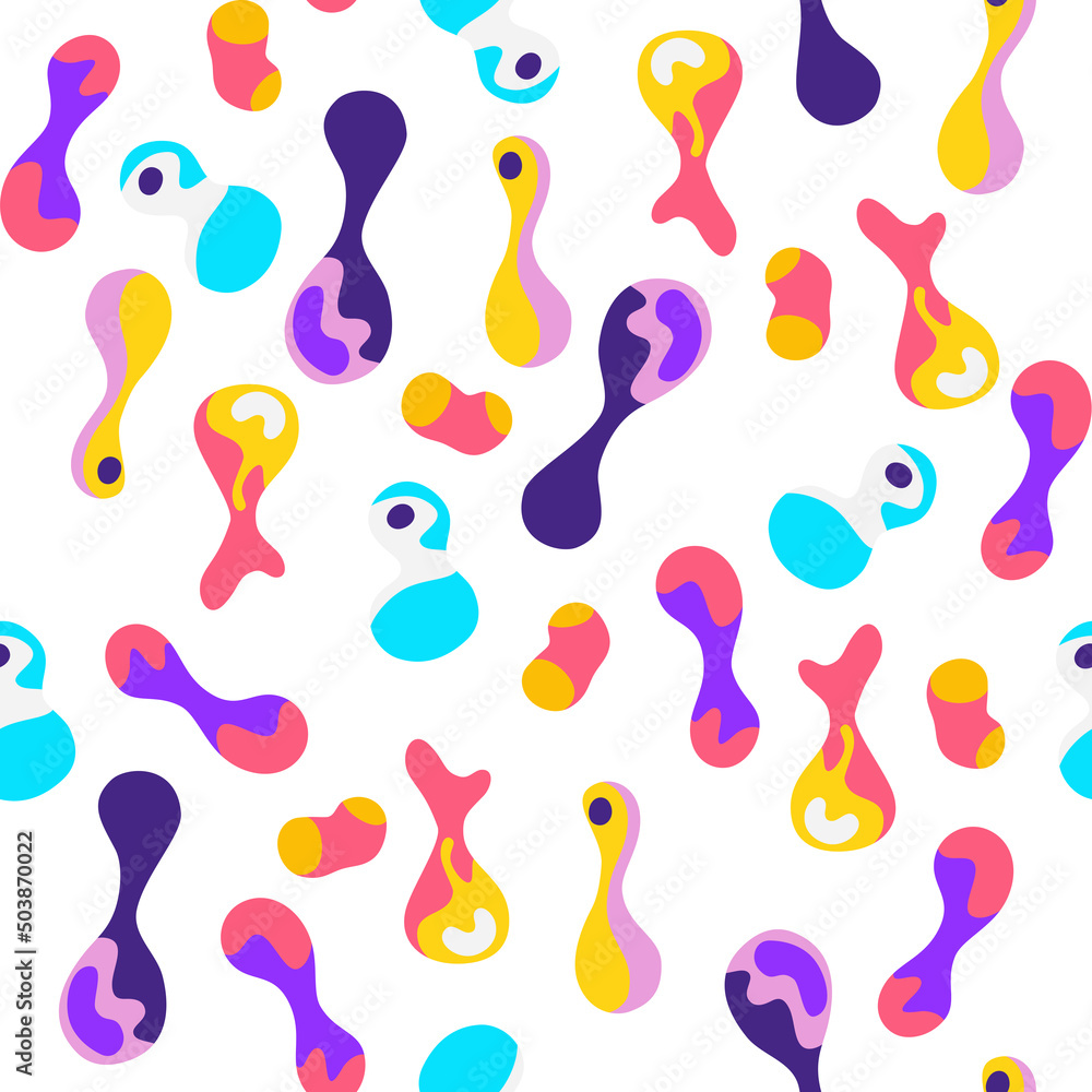 Lava lamp seamless pattern. Multicolored Abstract vector background liquid lava lamp template. Retro style. Water drops, drug trip style. Perfect for printing, wrapping paper, wallpaper and clothes.