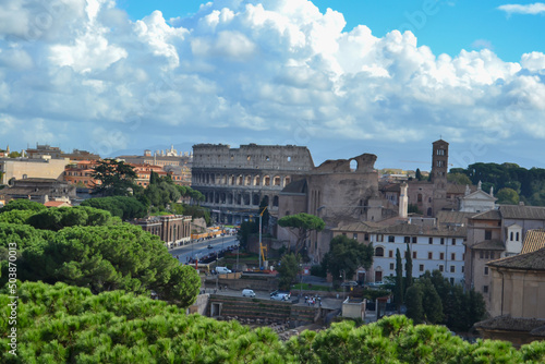 ROME, ITALY panoramic cityscape with blue sky and clouds , Old roma buildings 