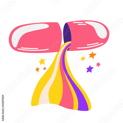 Rainbow pill. Funny sticker with a pill and a rainbow. Drug trip style. Hippie. Bright psychedelic. For printing clothes stickers, logo. Vector cartoon illustration isolated on the white background.
