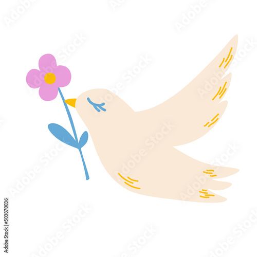 Pigeon with a flower. Peace Sign. Bird. Freedom. Flying pigeon with a flower in its beak. Vector cartoon illustration isolated on the white background.