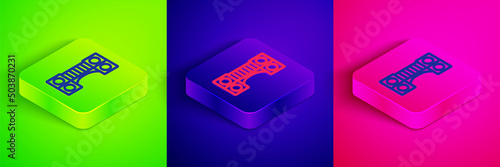 Isometric line Playground kids bridge icon isolated on green, blue and pink background. Square button. Vector