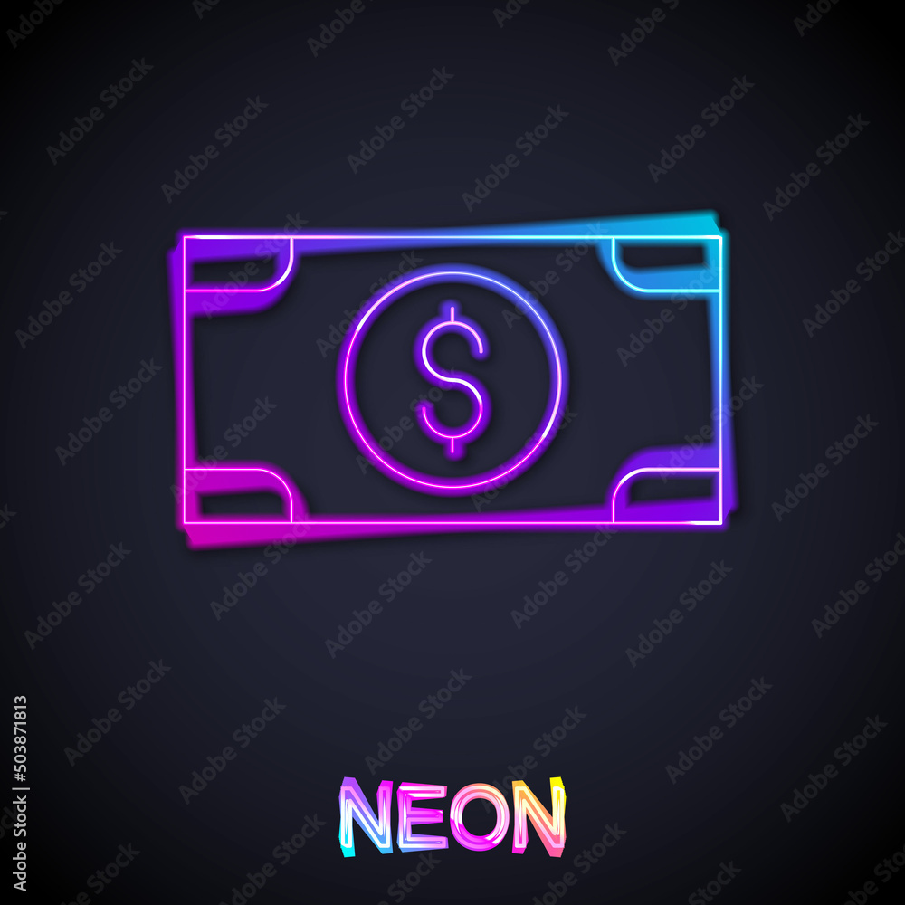 Glowing neon line Stacks paper money cash icon isolated on black background. Money banknotes stacks. Bill currency. Vector Glowing neon line Stacks paper money cash icon isolated on black background. Money banknotes stacks. Bill currency. Vector