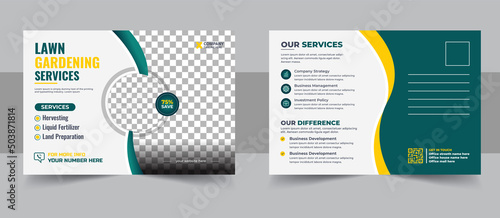 Lawn Mower Garden or Landscaping Service Postcard Template, Agro Eddm Postcard Design, Event Card Design template.