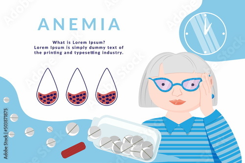 An elderly woman feels fatigue, weakness due to lack of iron in the blood serum. The concept of anemia. Reduced number of red blood cells or low hemoglobin. An open jar of pills, vitamins.