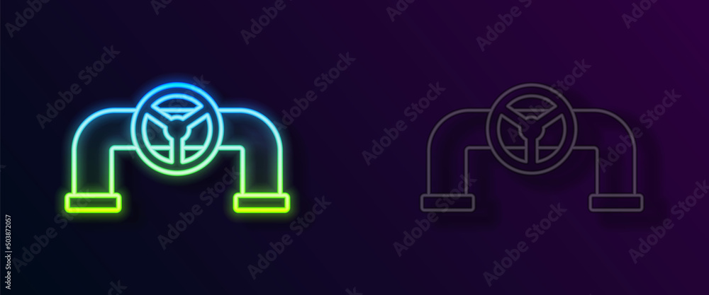 Glowing neon line Oil pipe with valve icon isolated on black background. Vector Glowing neon line Oil pipe with valve icon isolated on black background. Vector