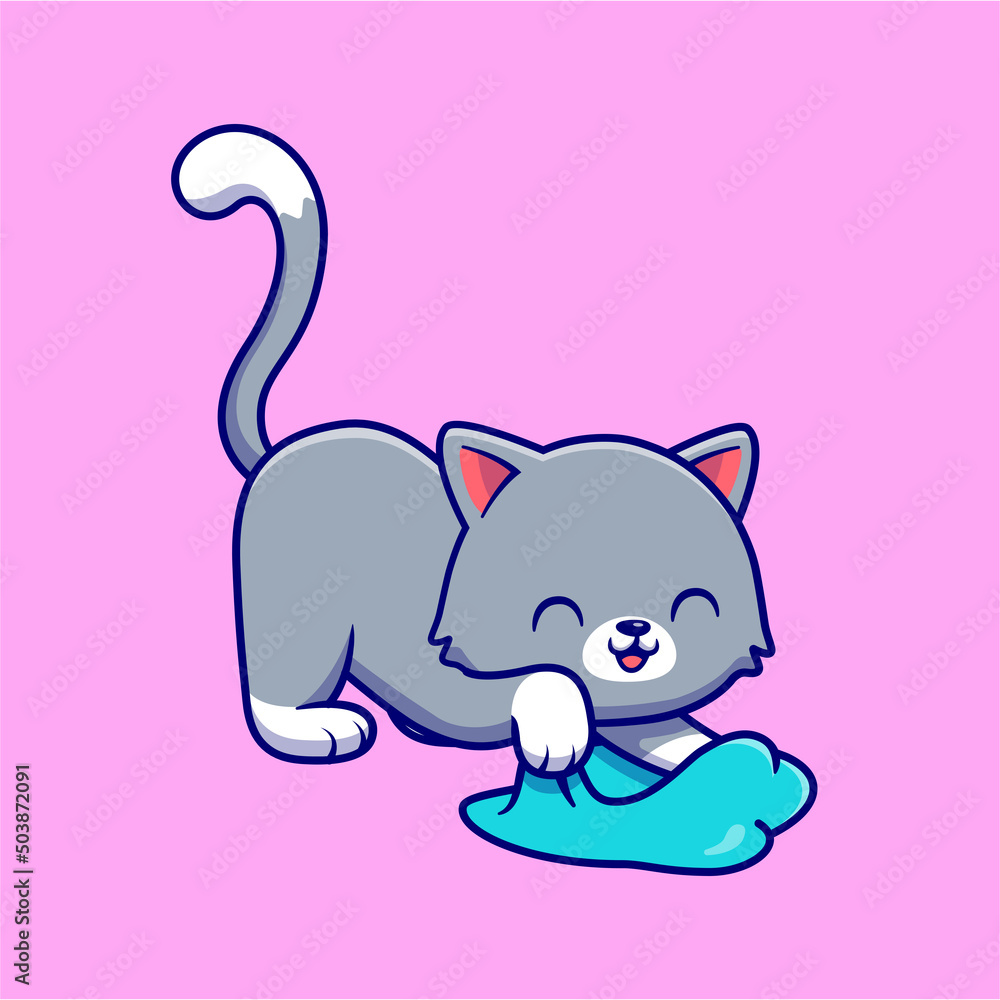 Happy Cat Playing Slime Cartoon Vector Icon Illustration. Animal Love Icon Concept Isolated Premium Vector. Flat Cartoon Style