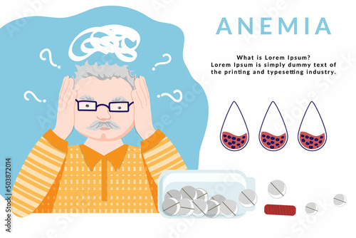 Elderly man e feels tired, weak because of the lack of iron in the blood serum. The concept of anemia. Decreased number of red blood cells or low hemoglobin. An open jar of pills, vitamins.