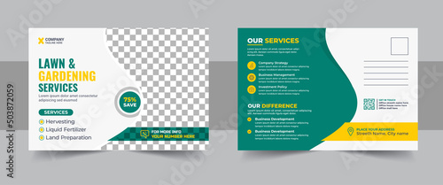 Creative Lawn Mower Garden or Landscaping Service Postcard Template or Agro Firm Eddm Postcard design