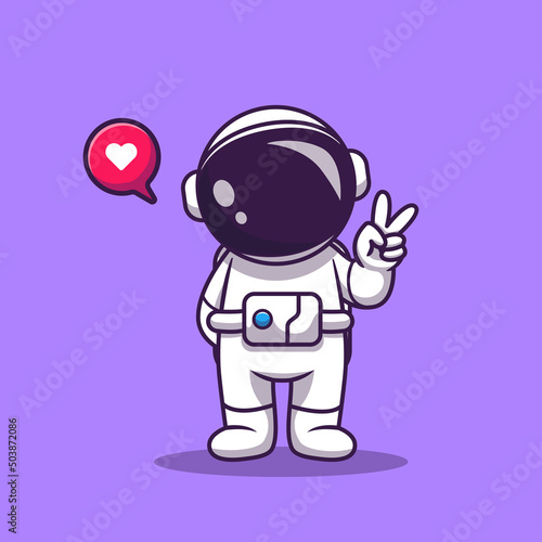 Cute Astronaut With Hand Peace Cartoon Vector Icon Illustration. Space Technology Icon Concept Isolated Premium Vector. Flat Cartoon Style