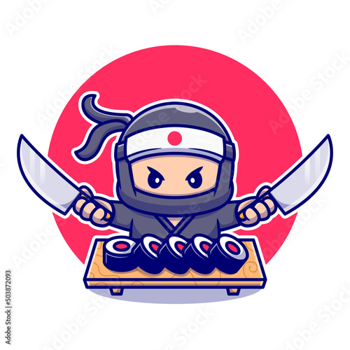 Cute Ninja Holding Knife With Sushi Cartoon Vector Icon Illustration. People Food Icon Concept Isolated Premium Vector. Flat Cartoon Style