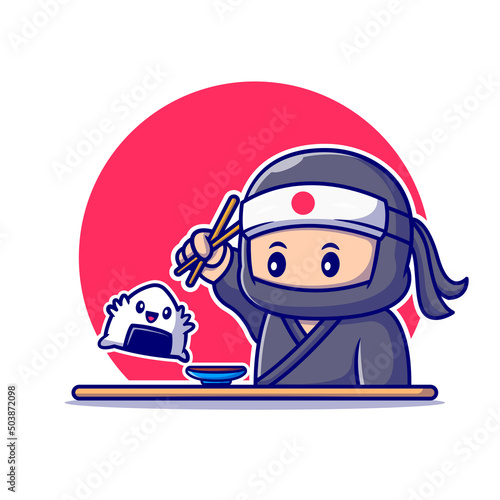 Cute Ninja Eating Onigiri With Chopstick Cartoon Vector Icon Illustration. People Food Icon Concept Isolated Premium Vector. Flat Cartoon Style