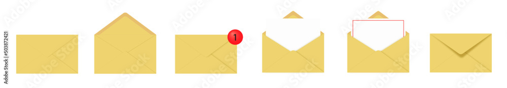Vector set of realistic craft paper envelopes in different positions. Folded and unfolded envelope mockup isolated on a white background. Vector set of realistic craft paper envelopes in different positions. Folded and unfolded envelope mockup isolated on a white background.