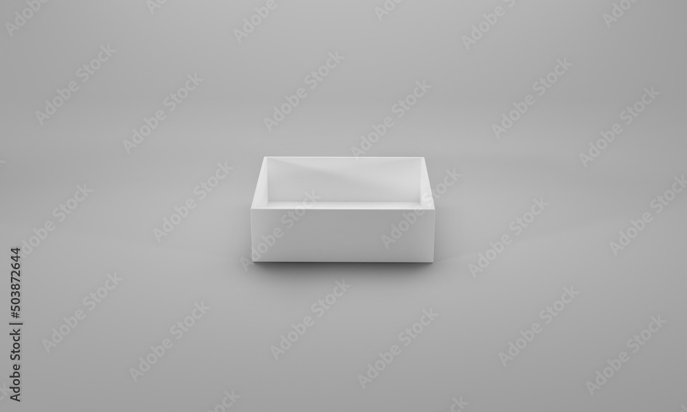 Blank white flat square gift box on grey background. Clipping path around box mock up. 3d illustration Blank white flat square gift box on grey background. Clipping path around box mock up. 3d illustration