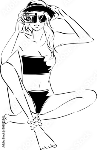 カメラを構える水着女性　線画