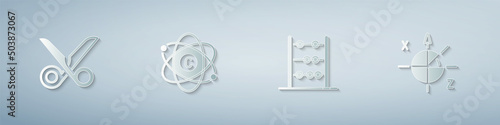 Set Scissors, Atom, Abacus and Trigonometric circle. Paper art style. Vector
