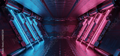 Fototapeta Naklejka Na Ścianę i Meble -  Blue and pink spaceship interior with neon lights on panel walls. 3d rendering