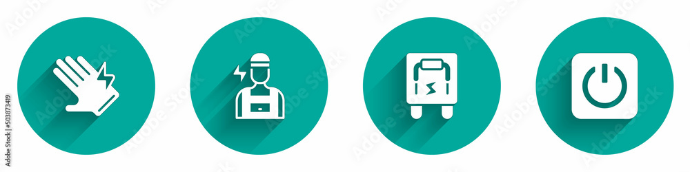 Set Electric glove, Electrician, Electrical panel and Power button icon with long shadow. Vector Set Electric glove, Electrician, Electrical panel and Power button icon with long shadow. Vector