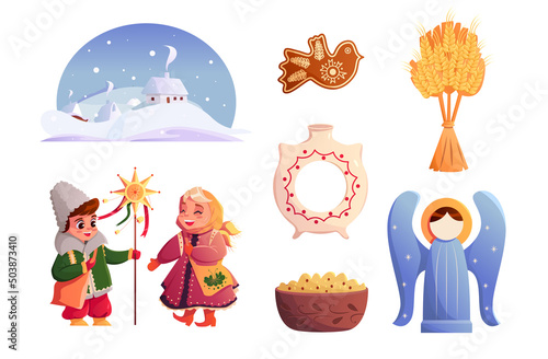 Ukrainian symbols of Christmas celebration. Christmas cookies. Winter village. Ukrainian carolers. Kutia. Diduch. Angel. Kumanets.  Vector cute Illustration in cartoon style.
