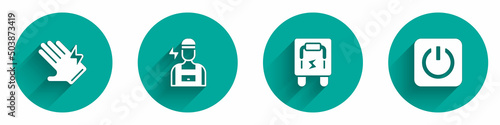Set Electric glove, Electrician, Electrical panel and Power button icon with long shadow. Vector
