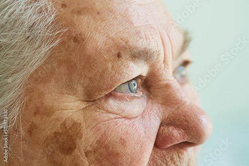 Profile view of the face of a gray-haired elderly woman, 80 years old © evafesenuk