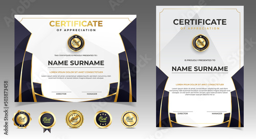 Black and gold certificate of appreciation border template with luxury badge and modern line and shapes. For award, business, and education needs. Diploma vector template